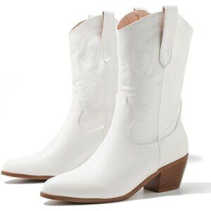 🆕 Lipijixi Embroider Cowboy Boots Women White Stacked Heel Wide Calf Boots